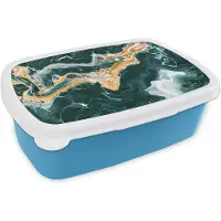 MuchoWow Broodtrommel Blauw - Lunchbox - Brooddoos - Marmer - Aqua - Gouden - 18x12x6 cm - Kinderen - Jongen