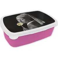 MuchoWow Broodtrommel Roze - Lunchbox - Brooddoos - Meisje met de parel - Johannes Vermeer - Zwart - Wit - 18x12x6 cm - Kinderen - Meisje