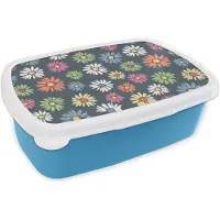 MuchoWow Broodtrommel Blauw - Lunchbox - Brooddoos - Regenboog - Design - Bloemen - Flora - 18x12x6 cm - Kinderen - Jongen