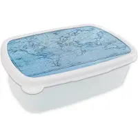MuchoWow Broodtrommel Wit - Lunchbox - Brooddoos - Wereldkaart - Blauw - Lijnen - 18x12x6 cm - Volwassenen