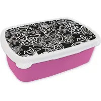 MuchoWow Broodtrommel Roze - Lunchbox - Brooddoos - Patronen - Bloem - Zwart Wit - 18x12x6 cm - Kinderen - Meisje