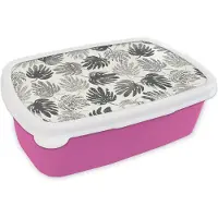MuchoWow Broodtrommel Roze - Lunchbox - Brooddoos - Monstera - Zwart Wit - Patronen - Vintage - 18x12x6 cm - Kinderen - Meisje