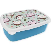 MuchoWow Broodtrommel Blauw - Lunchbox - Brooddoos - Kat - Huisdieren - Patroon - 18x12x6 cm - Kinderen - Jongen