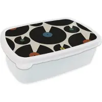 MuchoWow Broodtrommel Wit - Lunchbox - Brooddoos - Muziek - Platen - Patronen - 18x12x6 cm - Volwassenen