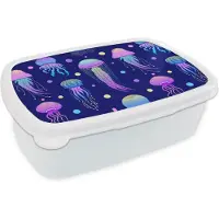 MuchoWow Broodtrommel Wit - Lunchbox - Brooddoos - Kwallen - Patronen - Zeedieren - Neon - 18x12x6 cm - Volwassenen