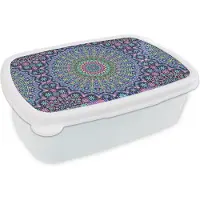 MuchoWow Broodtrommel Wit - Lunchbox - Brooddoos - Mandala - Hippie - Regenboog - Neon - Patronen - 18x12x6 cm - Volwassenen