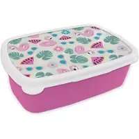 MuchoWow Broodtrommel Roze - Lunchbox - Brooddoos - Zomer - Patroon - Flamingo - Monstera - 18x12x6 cm - Kinderen - Meisje