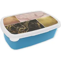 MuchoWow Broodtrommel Blauw - Lunchbox - Brooddoos - Marmer - Rosé - Goud - 18x12x6 cm - Kinderen - Jongen