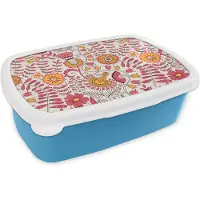 MuchoWow Broodtrommel Blauw - Lunchbox Bloemen - Design - Roze - Oranje - Brooddoos 18x12x6 cm - Brood lunch box - Broodtrommels voor kinderen en volwassenen
