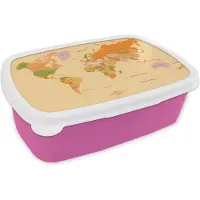 MuchoWow Broodtrommel Roze - Lunchbox - Brooddoos - Wereldkaart - Kleurrijk - Trendy - 18x12x6 cm - Kinderen - Meisje
