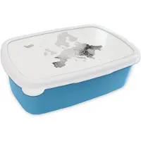 MuchoWow Broodtrommel Blauw - Lunchbox - Brooddoos - Europakaart in lichtgrijze waterverf - zwart wit - 18x12x6 cm - Kinderen - Jongen
