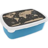 MuchoWow Broodtrommel Blauw - Lunchbox - Brooddoos - Kaart - Wereld - Bruin - 18x12x6 cm - Kinderen - Jongen