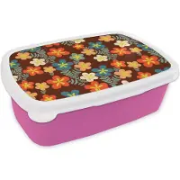 MuchoWow Broodtrommel Roze - Lunchbox Retro - Patronen - Bloemen - Jaren 70 - Brooddoos 18x12x6 cm - Brood lunch box - Broodtrommels voor kinderen en volwassenen
