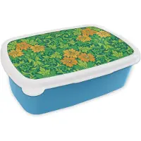MuchoWow Broodtrommel Blauw - Lunchbox - Brooddoos - Bladeren - Bloemen - Boho - Hippie - Patronen - 18x12x6 cm - Kinderen - Jongen