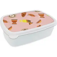 MuchoWow Broodtrommel Wit - Lunchbox - Brooddoos - Afrika - Djembé - Patronen - Afrikaanse maskers - 18x12x6 cm - Volwassenen