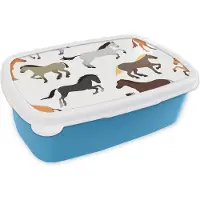 MuchoWow Broodtrommel Blauw - Lunchbox - Brooddoos - Paarden - Kleuren - Patroon - Meisjes - Kinderen - Meiden - 18x12x6 cm - Kinderen - Jongen