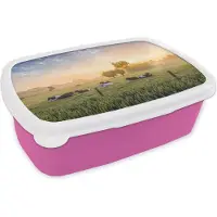 MuchoWow Broodtrommel Roze - Lunchbox - Brooddoos - Koe - Zon - Gras - 18x12x6 cm - Kinderen - Meisje