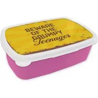 MuchoWow Broodtrommel Roze - Lunchbox - Brooddoos - Kids - Quotes - Vintage - Beware of the grumpy teenager - 18x12x6 cm - Kinderen - Meisje