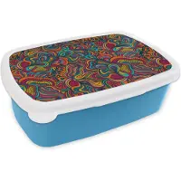 MuchoWow Broodtrommel Blauw - Lunchbox - Brooddoos - Boho - Patronen - Abstract - Flora - 18x12x6 cm - Kinderen - Jongen