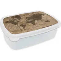 MuchoWow Broodtrommel Wit - Lunchbox - Brooddoos - Wereldkaart - Retro - Krant - 18x12x6 cm - Volwassenen