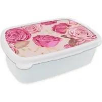 MuchoWow Broodtrommel Wit - Lunchbox - Brooddoos - Rozen - Bloemen - Druppels - 18x12x6 cm - Volwassenen