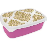 MuchoWow Broodtrommel Roze - Lunchbox - Brooddoos - Vintage - Bloemen - Goud - Patronen - 18x12x6 cm - Kinderen - Meisje