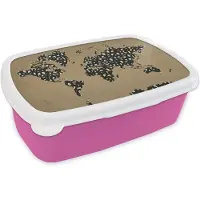 MuchoWow Broodtrommel Roze - Lunchbox - Brooddoos - Wereldkaart - Cijfers - Bruin - 18x12x6 cm - Kinderen - Meisje