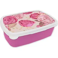 MuchoWow Broodtrommel Roze - Lunchbox - Brooddoos - Rozen - Bloemen - Druppels - 18x12x6 cm - Kinderen - Meisje