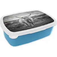 MuchoWow Broodtrommel Blauw - Lunchbox - Brooddoos - Schotse hooglander - Dieren - Wolken - Koe - Natuur - 18x12x6 cm - Kinderen - Jongen