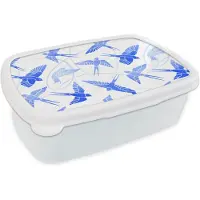 MuchoWow Broodtrommel Wit - Lunchbox - Brooddoos - Patroon - Blauw - Vogel - 18x12x6 cm - Volwassenen