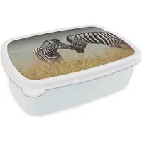MuchoWow Broodtrommel Wit - Lunchbox - Brooddoos - Moeder zebra en haar jong - 18x12x6 cm - Volwassenen