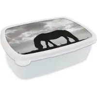 MuchoWow Broodtrommel Wit - Lunchbox - Brooddoos - Paarden - Zon - Weiland - Zwart - Wit - 18x12x6 cm - Volwassenen