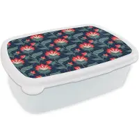 MuchoWow Broodtrommel Wit - Lunchbox - Brooddoos - Design - Bloemen - Rood - 18x12x6 cm - Volwassenen