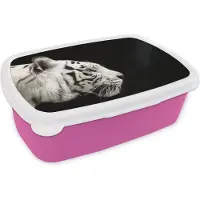 MuchoWow Broodtrommel Roze - Lunchbox - Brooddoos - Tijger - Wit - Zwart - 18x12x6 cm - Kinderen - Meisje