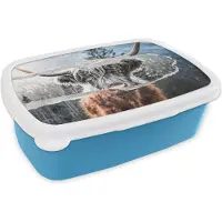 MuchoWow Broodtrommel Blauw - Lunchbox - Brooddoos - Schotse hooglander - Koe - Zwart - Wit - 18x12x6 cm - Kinderen - Jongen