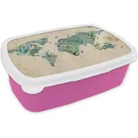 MuchoWow Broodtrommel Roze - Lunchbox - Brooddoos - Wereldkaart - Papyrus - Vintage - 18x12x6 cm - Kinderen - Meisje