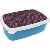 MuchoWow Broodtrommel Blauw - Lunchbox - Brooddoos - Dromenvanger - Veren - Patronen - Regenboog - Boho - 18x12x6 cm - Kinderen - Jongen