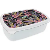 MuchoWow Broodtrommel Wit - Lunchbox - Brooddoos - Hawaii - Regenboog - Bloemen - Bladeren - Psychedelisch - 18x12x6 cm - Volwassenen