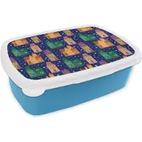 MuchoWow Broodtrommel Blauw - Lunchbox - Brooddoos - Winter - Patroon - Huis - 18x12x6 cm - Kinderen - Jongen