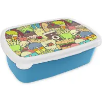 MuchoWow Broodtrommel Blauw - Lunchbox - Brooddoos - Kawaii - Patronen - Fast Food - 18x12x6 cm - Kinderen - Jongen