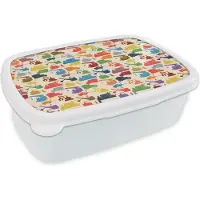 MuchoWow Broodtrommel Wit - Lunchbox - Brooddoos - Patronen - Kraan - Boot - Jongens - Kinderen - Kids - 18x12x6 cm - Volwassenen