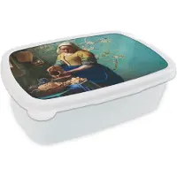 MuchoWow Broodtrommel Wit - Lunchbox - Brooddoos - Melkmeisje - Amandelbloesem - Van Gogh - Vermeer - Schilderij - Oude meesters - 18x12x6 cm - Volwassenen
