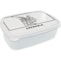 MuchoWow Broodtrommel Wit - Lunchbox - Brooddoos - Kaart – Grenoble - Zwart Wit – Plattegrond – Stadskaart - 18x12x6 cm - Volwassenen