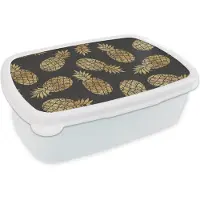 MuchoWow Broodtrommel Wit - Lunchbox - Brooddoos - Ananas - Goud - Luxe - Patronen - 18x12x6 cm - Volwassenen