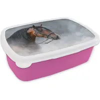 MuchoWow Broodtrommel Roze - Lunchbox - Brooddoos - Paard - Rook - Zwart - 18x12x6 cm - Kinderen - Meisje