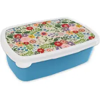MuchoWow Broodtrommel Blauw - Lunchbox - Brooddoos - Bladeren - Bloemen - Design - 18x12x6 cm - Kinderen - Jongen