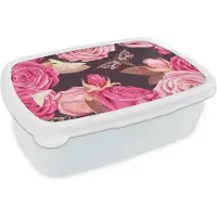 MuchoWow Broodtrommel Wit - Lunchbox - Brooddoos - Rozen - Insecten - Patroon - 18x12x6 cm - Volwassenen
