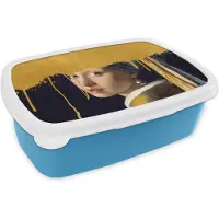 MuchoWow Broodtrommel Blauw - Lunchbox - Brooddoos - Meisje met de parel - Goud - Vermeer - 18x12x6 cm - Kinderen - Jongen