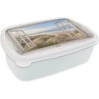 MuchoWow Broodtrommel Wit - Lunchbox - Brooddoos - Doorkijk - Strand - Zee - Duinen - Helmgras - Zand - Blauw - 18x12x6 cm - Volwassenen