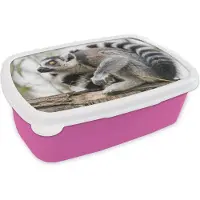 MuchoWow Broodtrommel Roze - Lunchbox - Brooddoos - Aap - Boom - Ringstaartmaki - 18x12x6 cm - Kinderen - Meisje